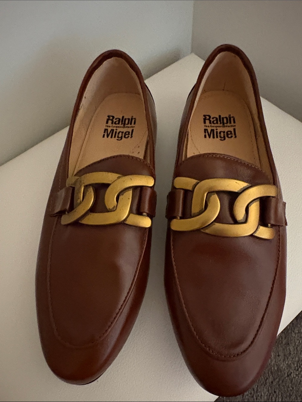 Women's Brown Leather Loafers with Gold Chain Accent